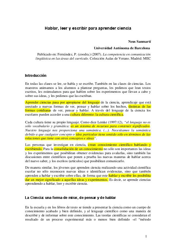 PDF) Hablar, leer y escribir para aprender ciencia